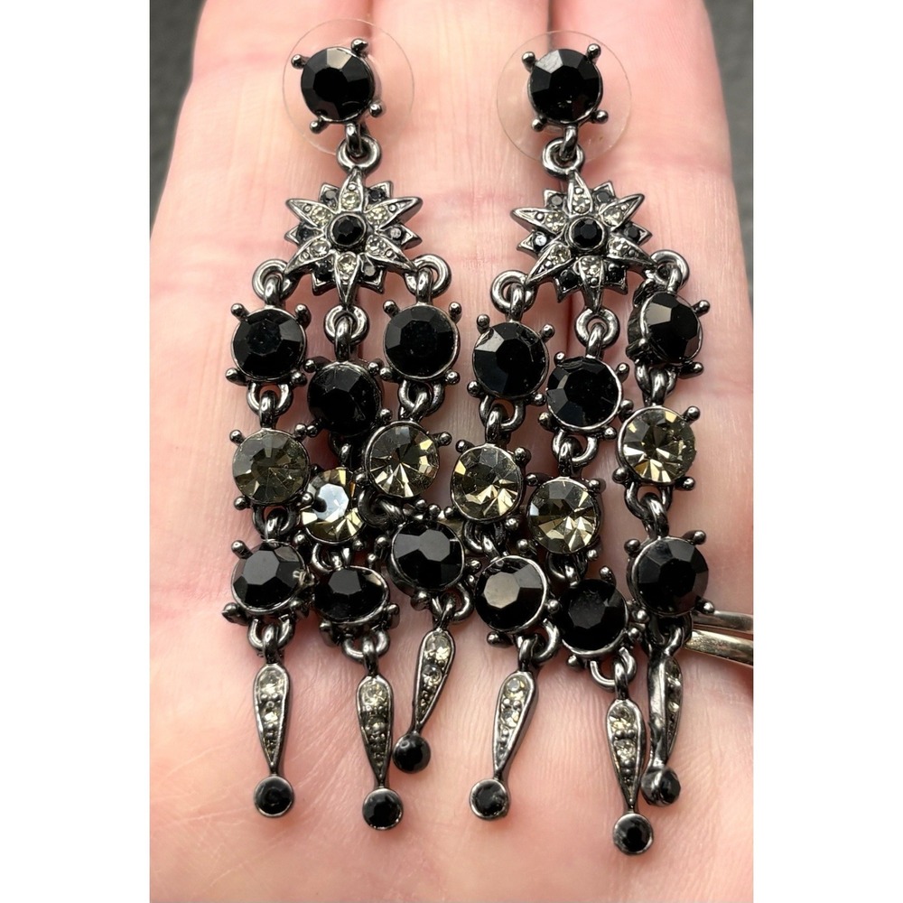 Y2K Black Clear Crystal Floral Chandelier  Dangle Earrings Gunmetal Silver Tone